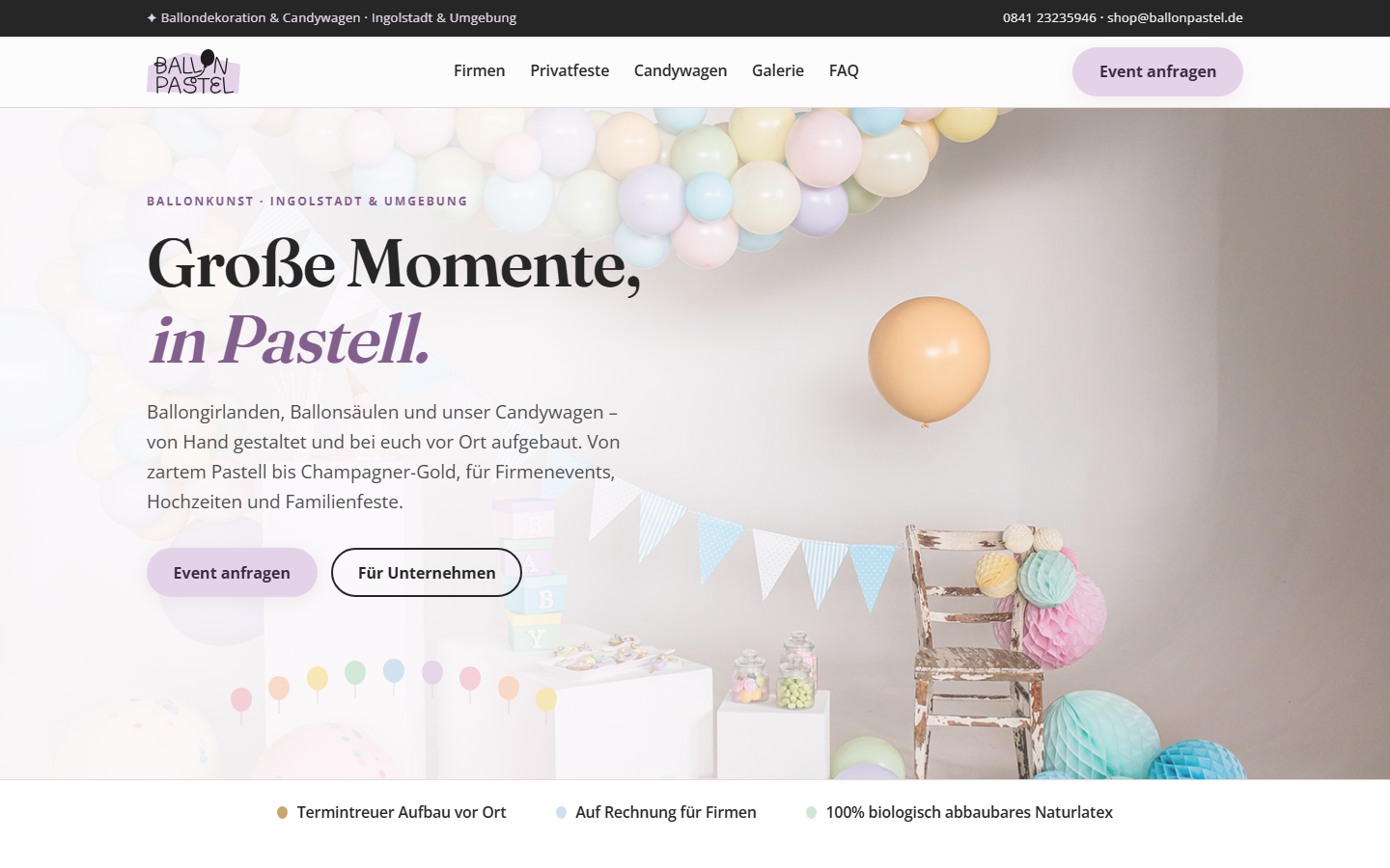 Ballon Pastel – Event-Landingpage mit Hero, Firmen- und Candywagen-Sektion
