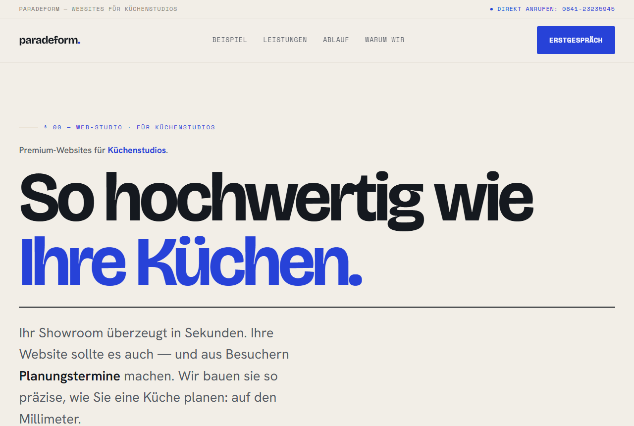 Paradeform für Küchenstudios – Branchenseite mit Hero „So hochwertig wie Ihre Küchen“
